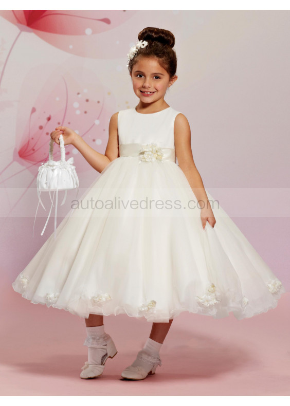 Ivory Satin Tulle Tea Length Curly Hem Flower Girl Dress Wedding Party Dress